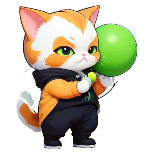 A cat playing with a ball wearing a black jacket and orange pants.