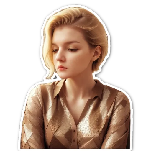 A woman with blonde hair wearing a gold shirt.