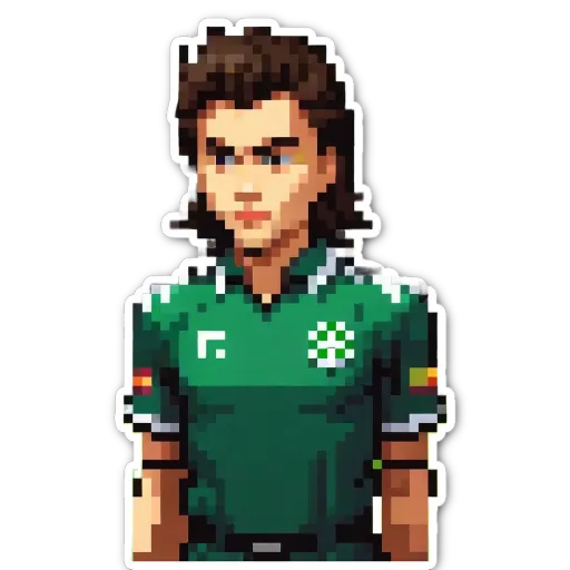 A boy wearing a green pixelated soccer jersey.