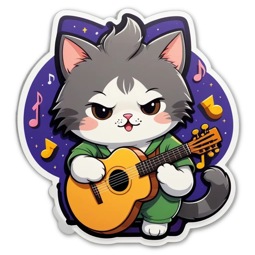 A cat playing the guitar is shown on a black background.