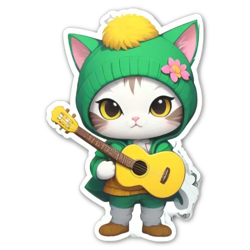 A cat wearing a guitar outfit is holding a guitar in its paws.