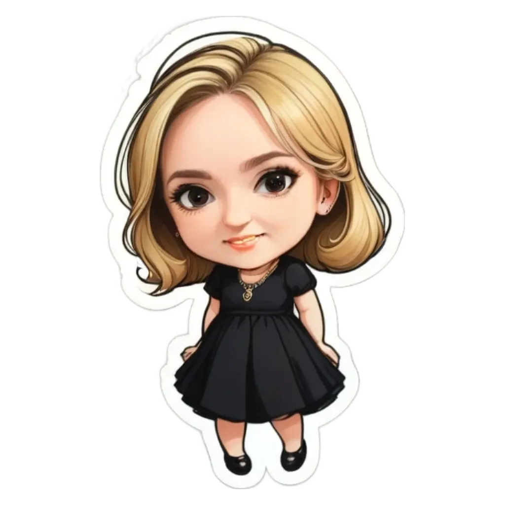 A cartoon girl wearing a black dress with golden hair.