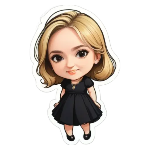 A cartoon girl wearing a black dress with golden hair.