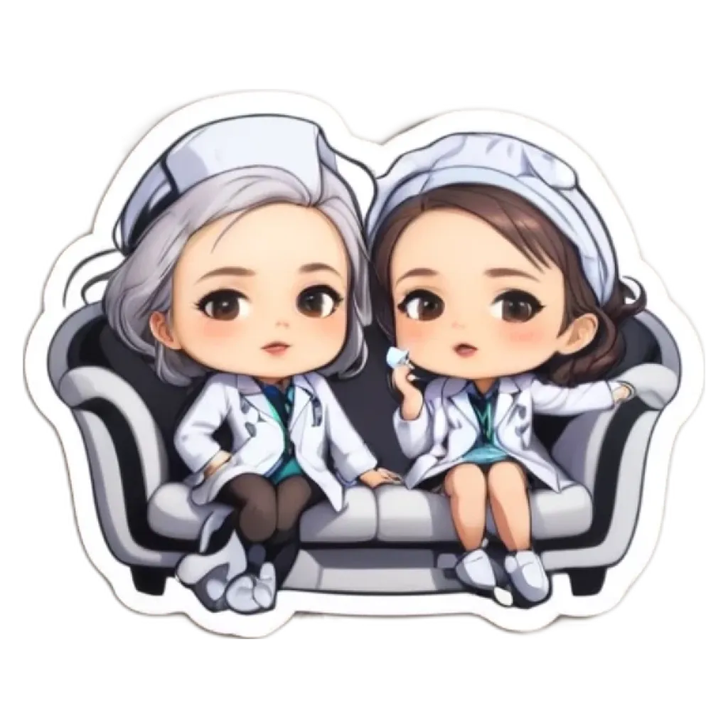 Two cartoon women friends sitting on a sofa in white lab coats.