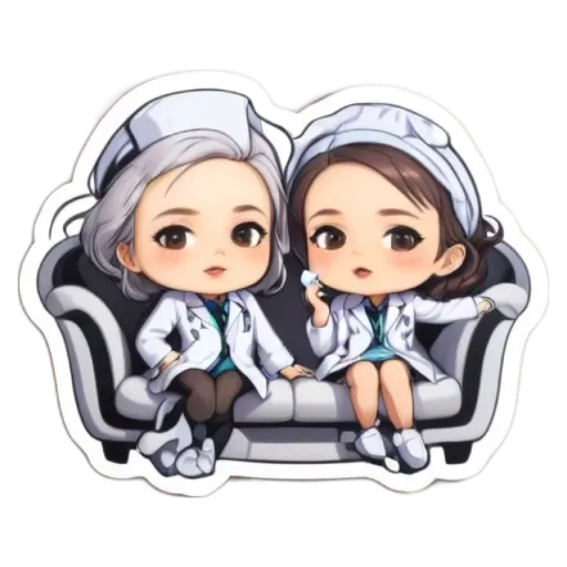 Two cartoon women friends sitting on a sofa in white lab coats.