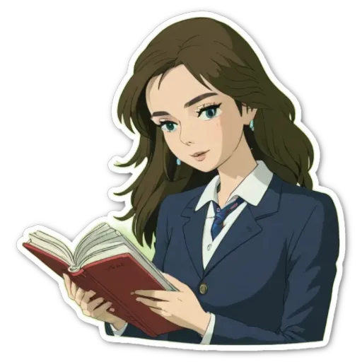 A girl reading a book with a blue jacket and a tie.