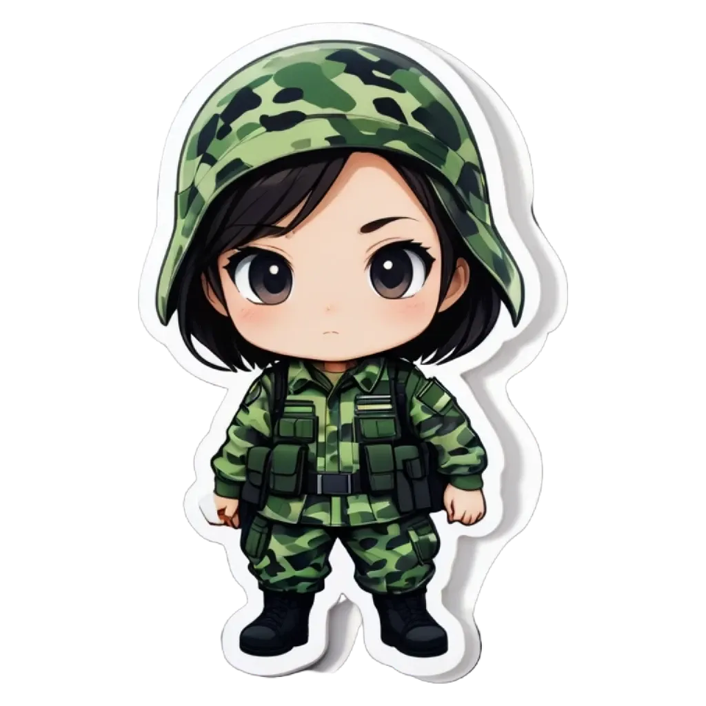 A girl in a army uniform that is green with a black patch over her right shoulder.