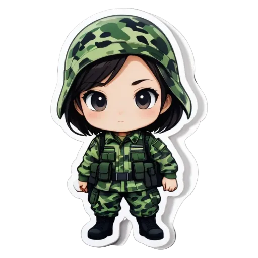 A girl in a army uniform that is green with a black patch over her right shoulder.