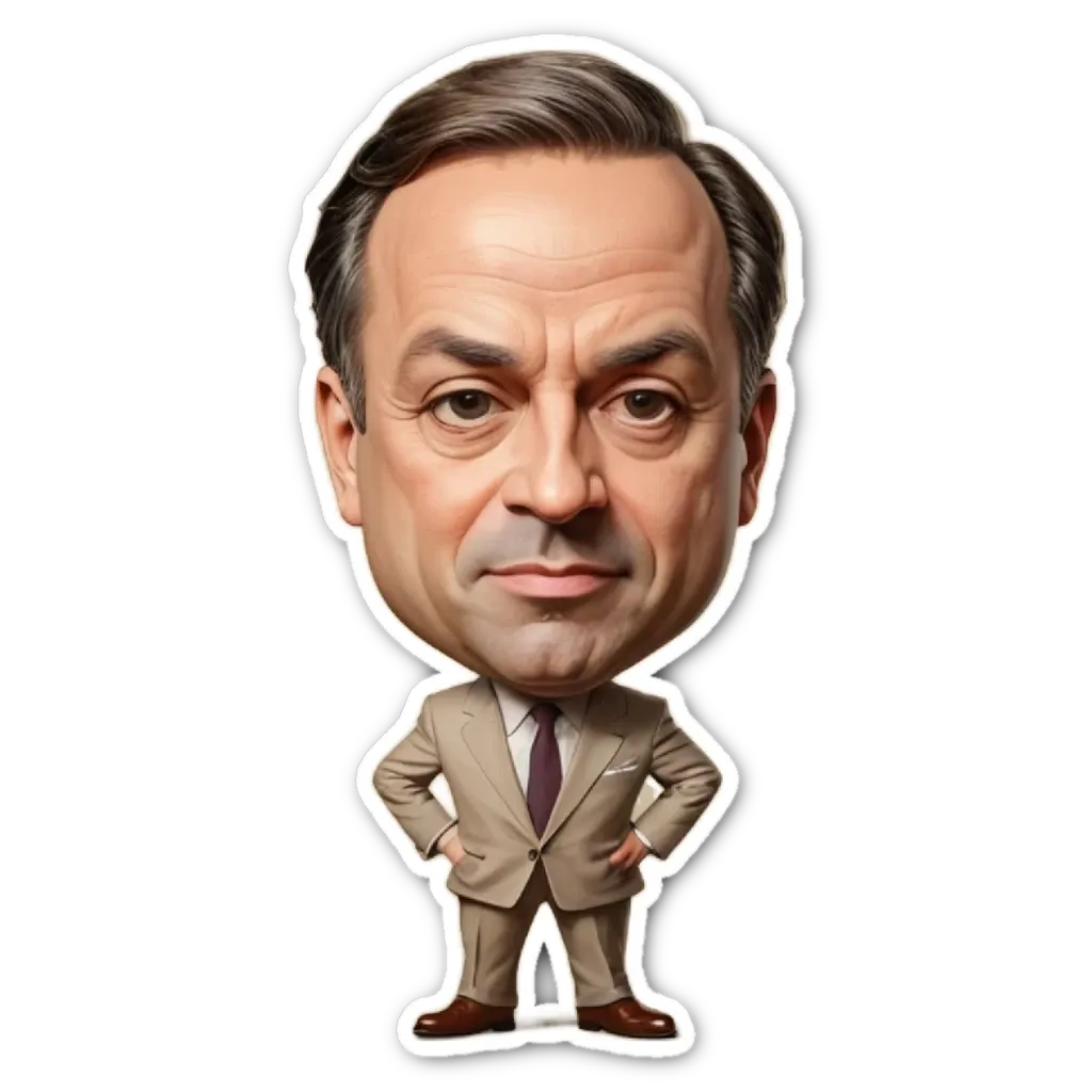 A cartoonish drawing of a man in a suit with his hands on his hips.