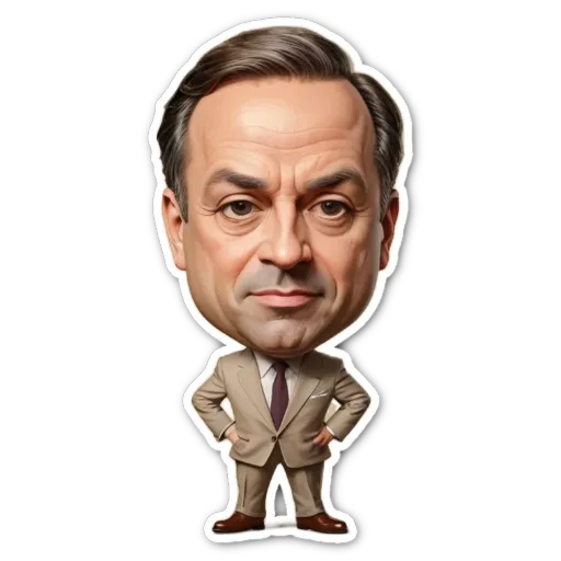 A cartoonish drawing of a man in a suit with his hands on his hips.