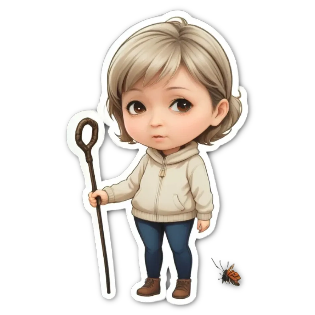 A child with a stick in his right hand.