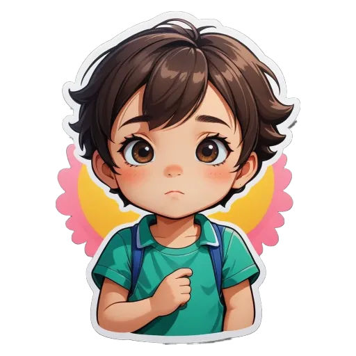 A boy with a pink and yellow flower on his shirt.