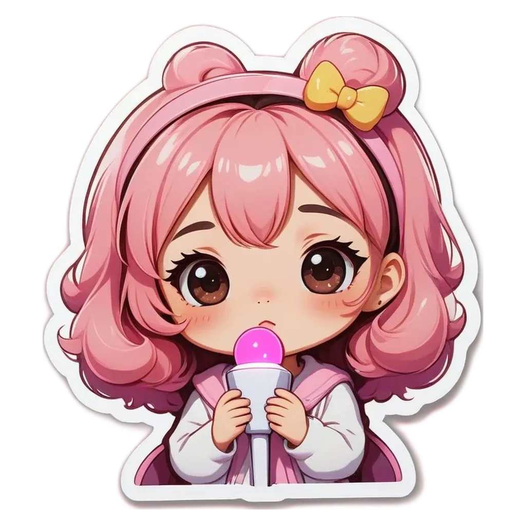A girl holding a microphone in a pink jacket.