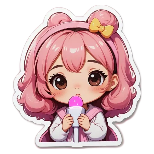A girl holding a microphone in a pink jacket.