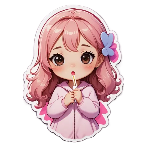 A girl with a pencil in her mouth is wearing a pink hoodie.