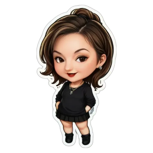 A girl with a short skirt and a black dress standing in front of a black background.