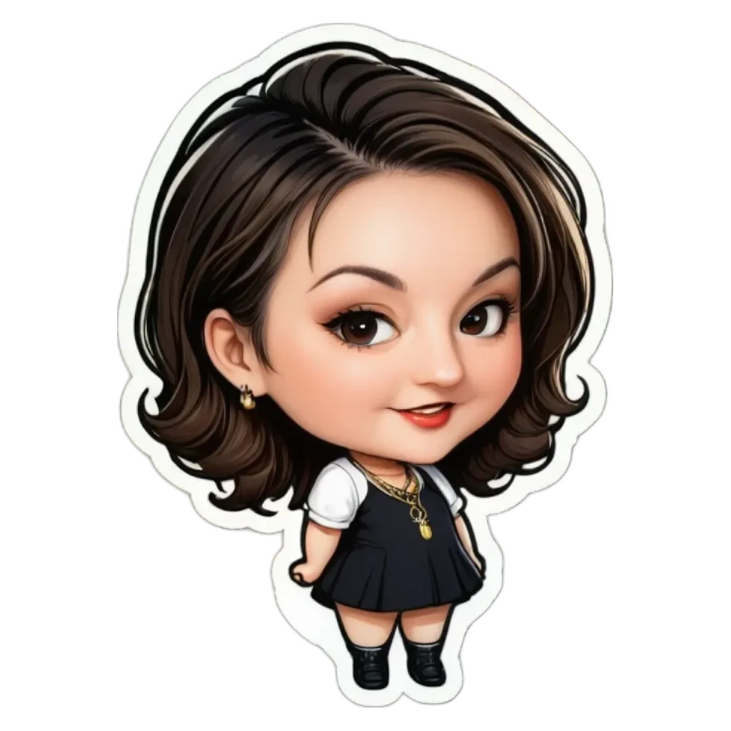 A girl with a black and white dress and brown hair.