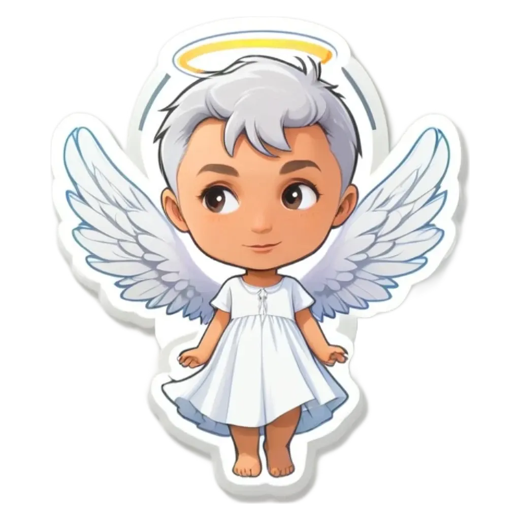 A child wearing an angel dress and wings on a sticker.