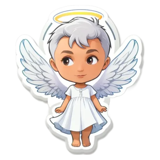 A child wearing an angel dress and wings on a sticker.