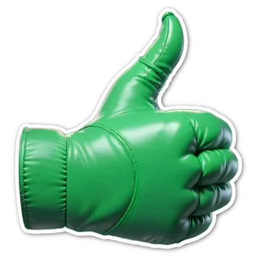 A green rubber glove with a sticker in the middle of it.