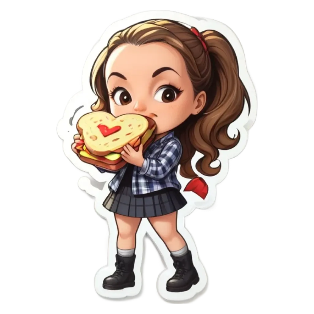 A girl eating a sandwich with a heart.