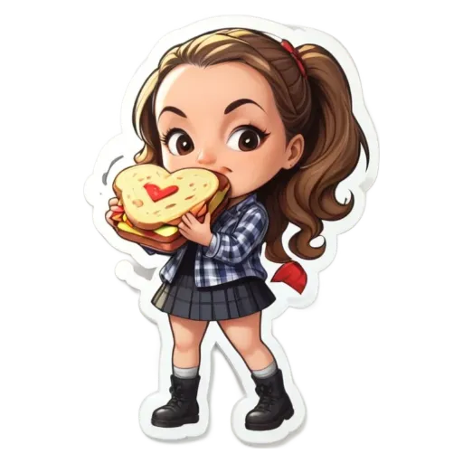 A girl eating a sandwich with a heart.