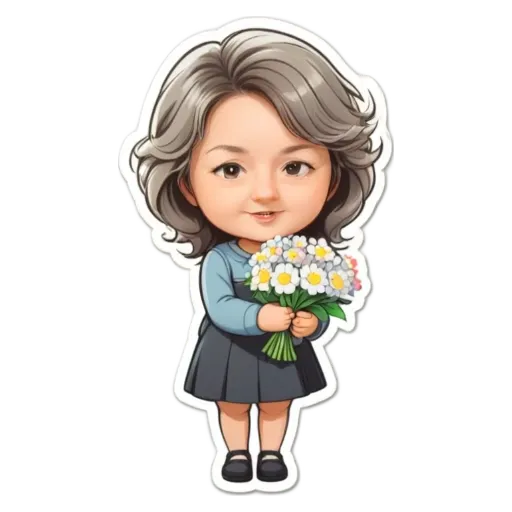 A girl holding flowers is in a white background.