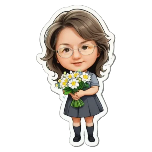 A sticker of a girl holding flowers is on a black background.