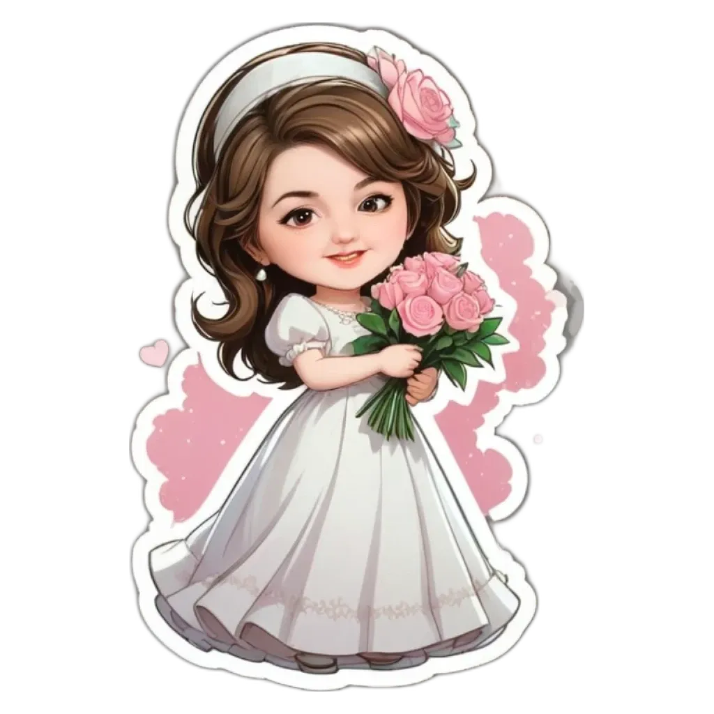 A cartoonish image of a girl holding flowers and wearing a wedding dress.