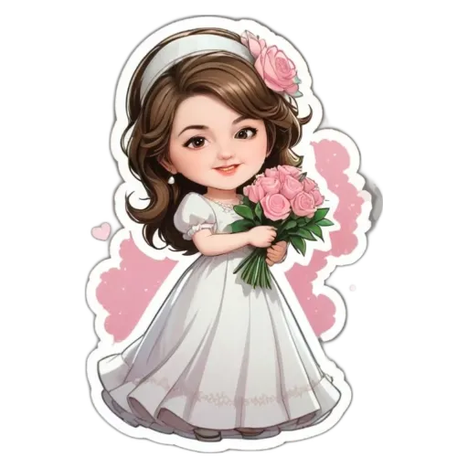A cartoonish image of a girl holding flowers and wearing a wedding dress.