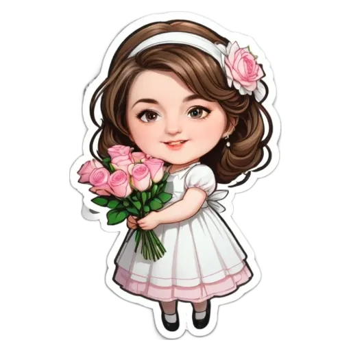 A girl wearing a white dress holding rose's in her hand.
