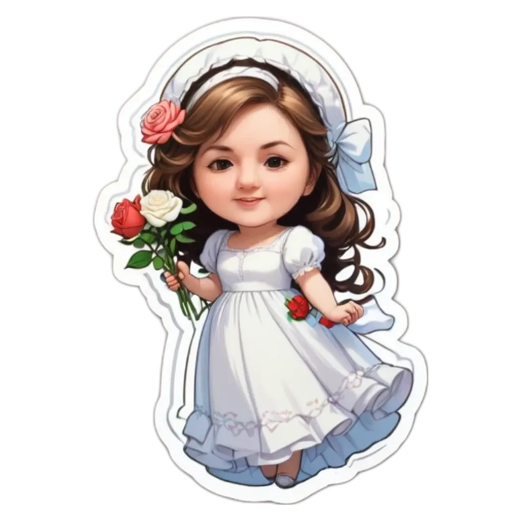 A girl holding roses is in a white dress.