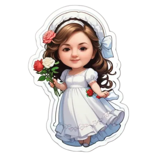 A girl holding roses is in a white dress.