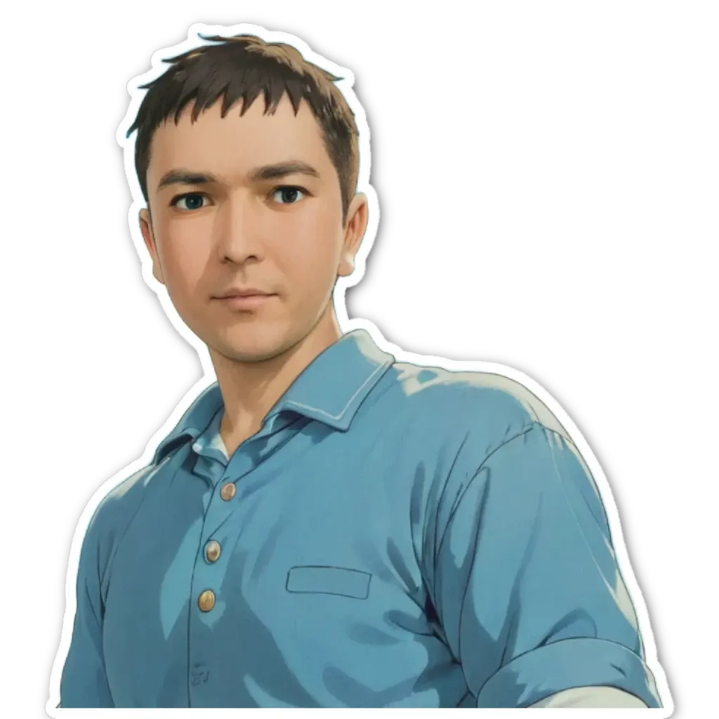 A sticker of a man with a blue shirt.