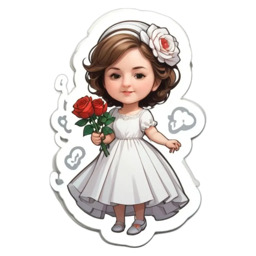 A girl wearing a white dress holding roses is depicted in a sticker.
