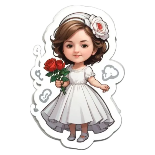 A girl wearing a white dress holding roses is depicted in a sticker.