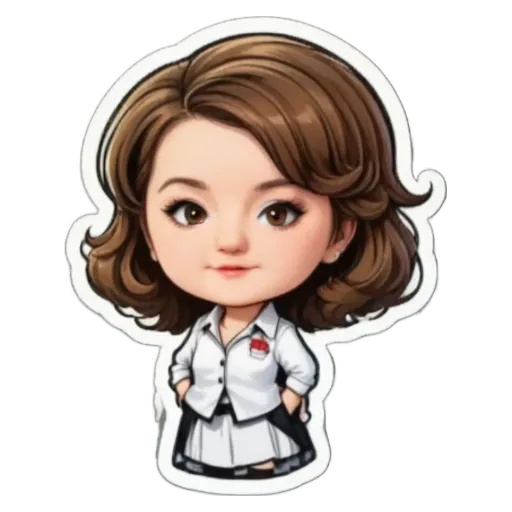 A sticker of a girl with a white shirt and black skirt.
