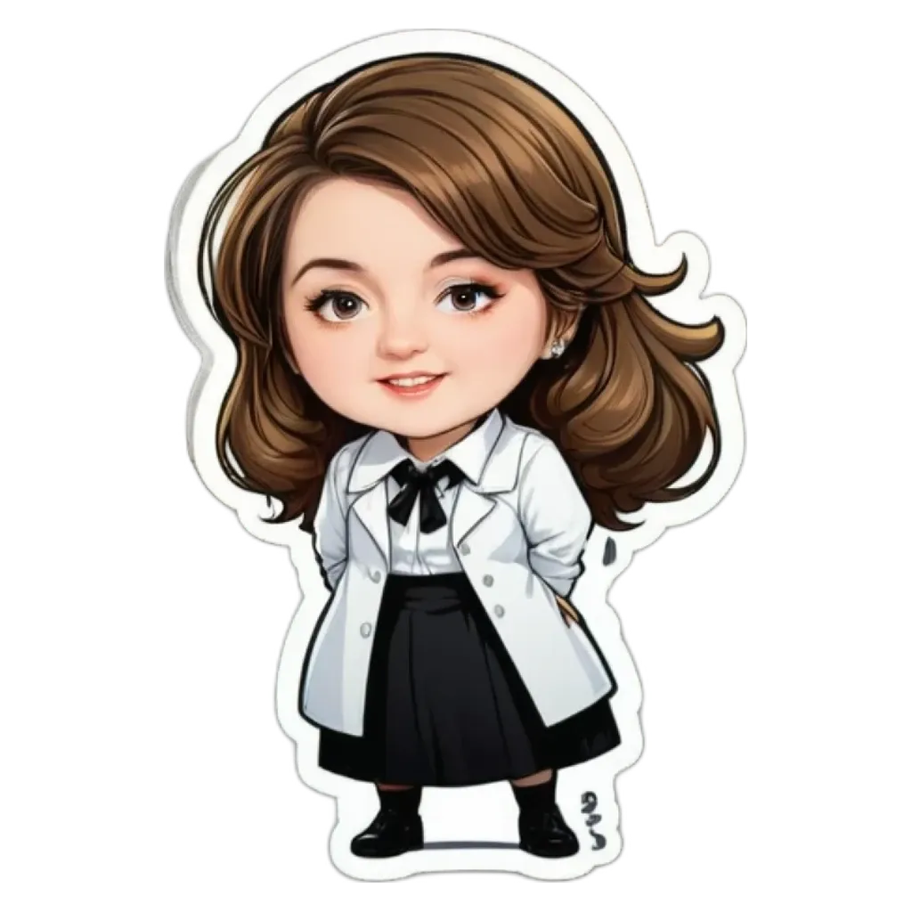 A sticker of a girl that is wearing a white lab coat.