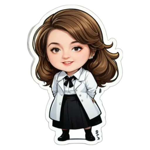 A sticker of a girl that is wearing a white lab coat.