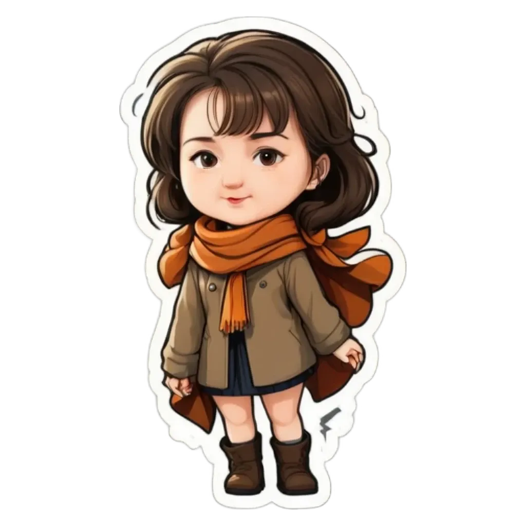 A cartoon girl wearing a brown coat and a scarf.