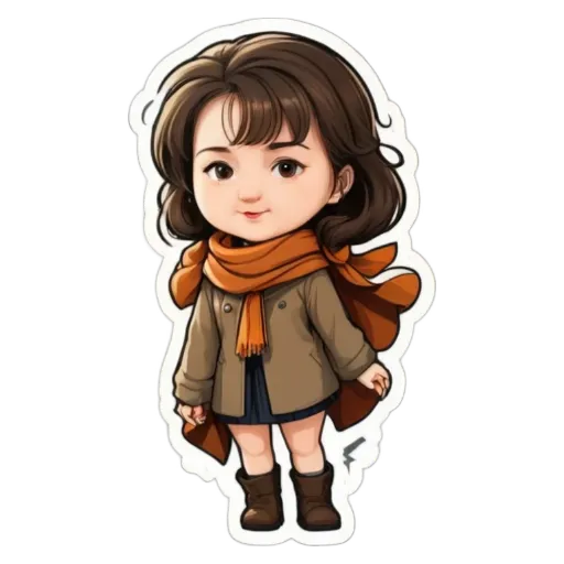 A cartoon girl wearing a brown coat and a scarf.