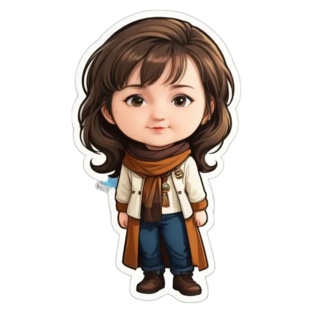 A cartoon girl wearing a white jacket and a brown scarf.