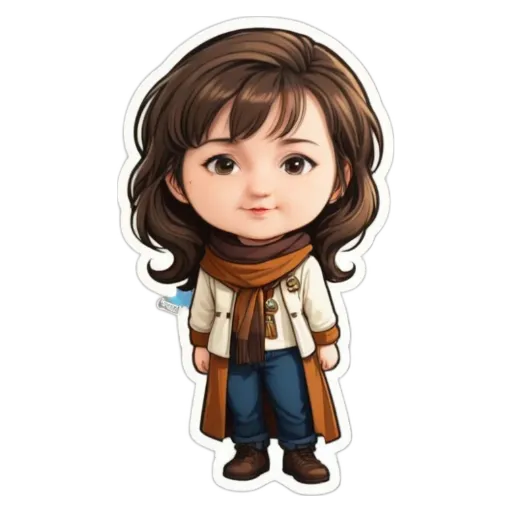 A cartoon girl wearing a white jacket and a brown scarf.