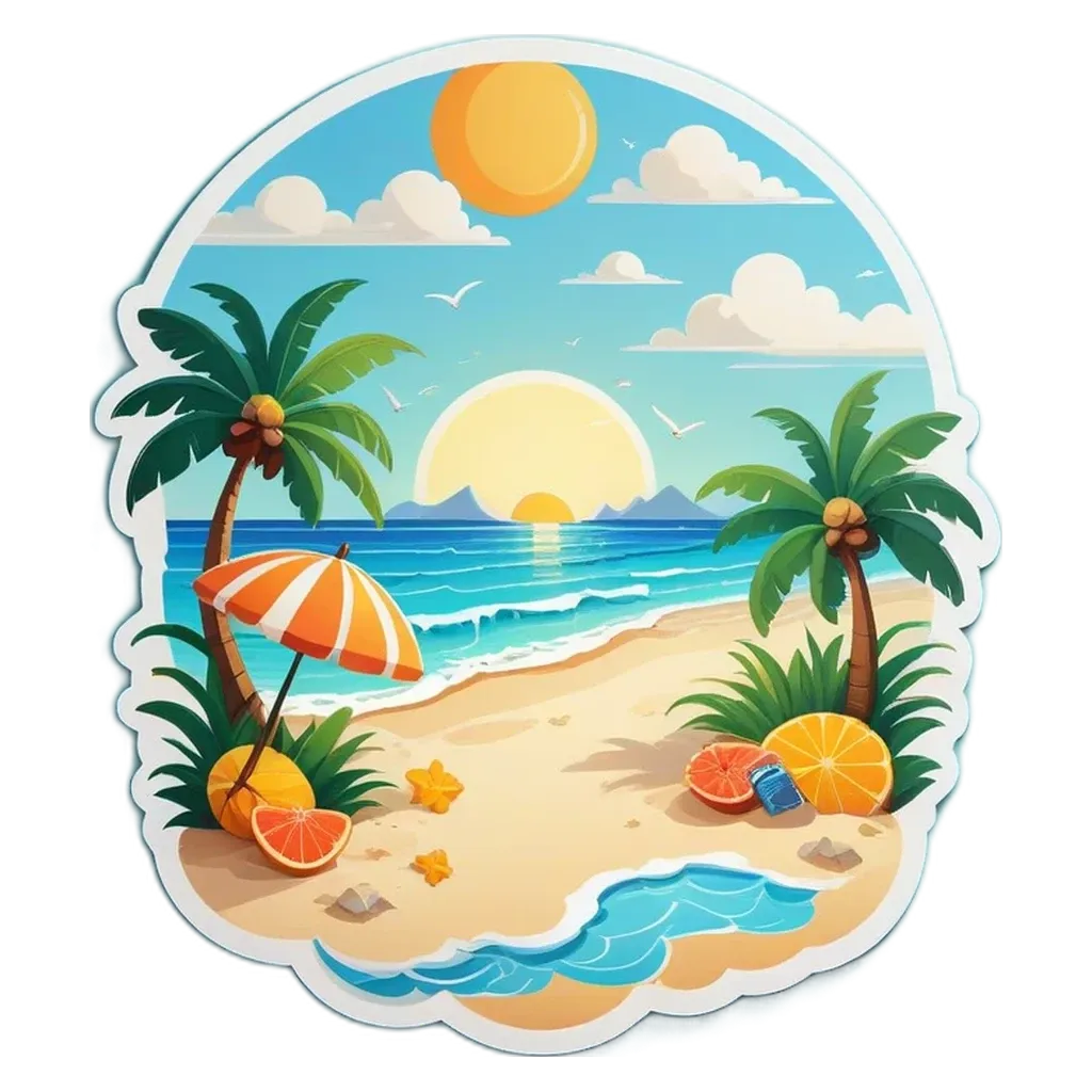 A cartoon of a beach scene with a sun in the center.