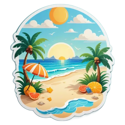 A cartoon of a beach scene with a sun in the center.
