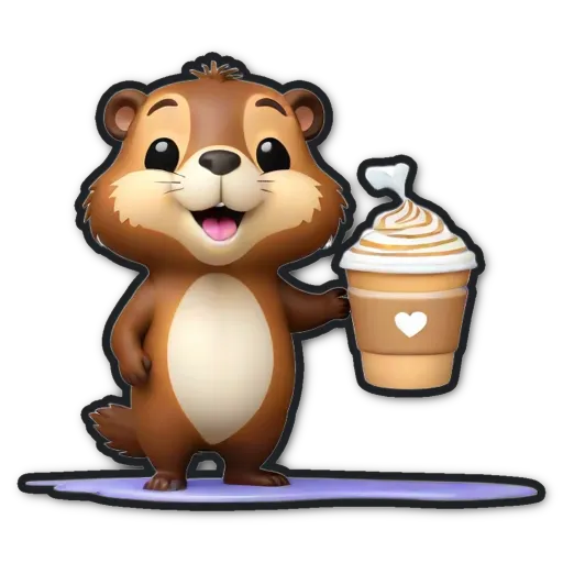 A cartoon animal holding a cup of coffee with a heart.