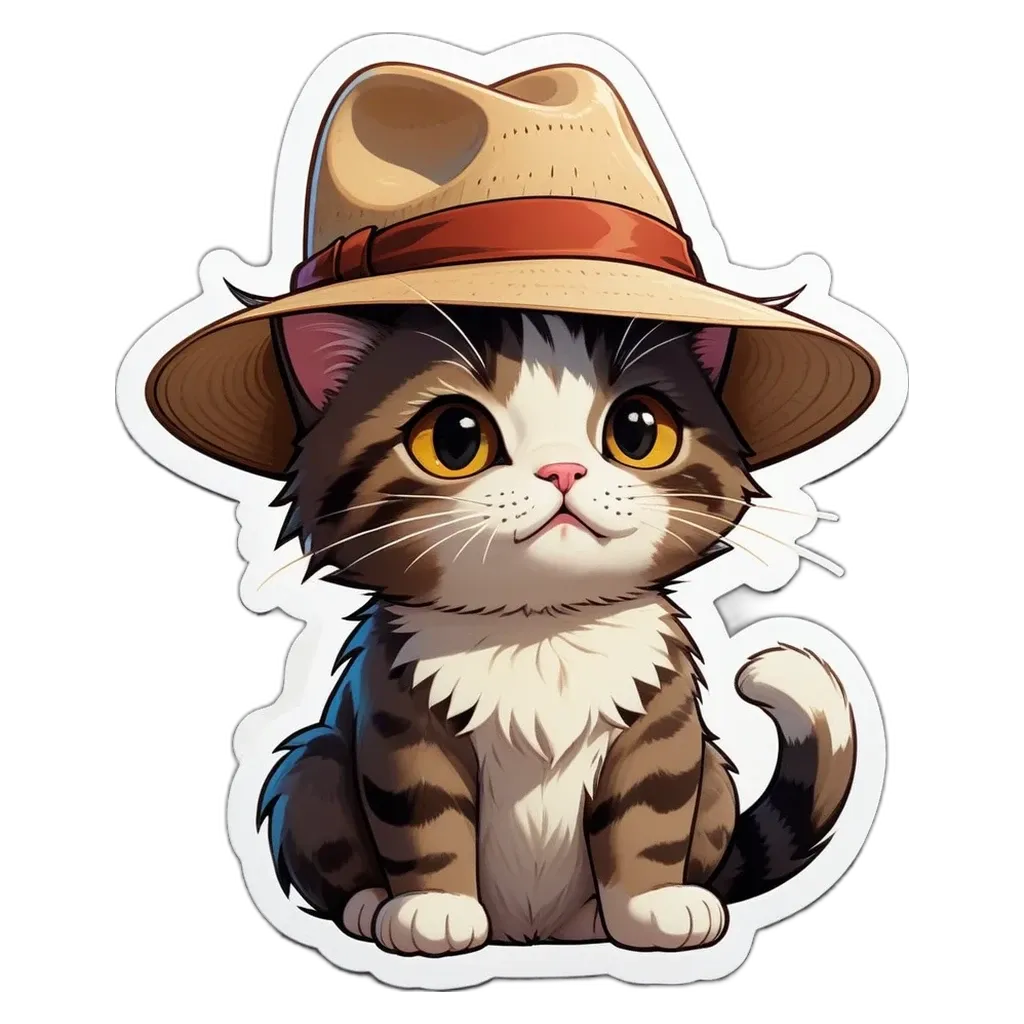 A cartoon cat in a straw hat sitting on a black background.