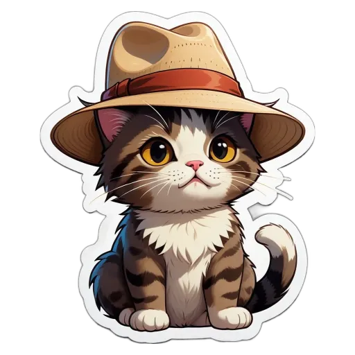 A cartoon cat in a straw hat sitting on a black background.