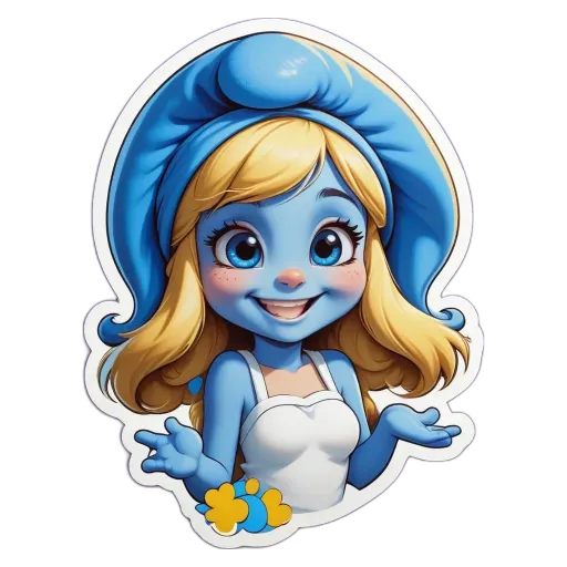A sticker of a girl with blue hair that is smiling.