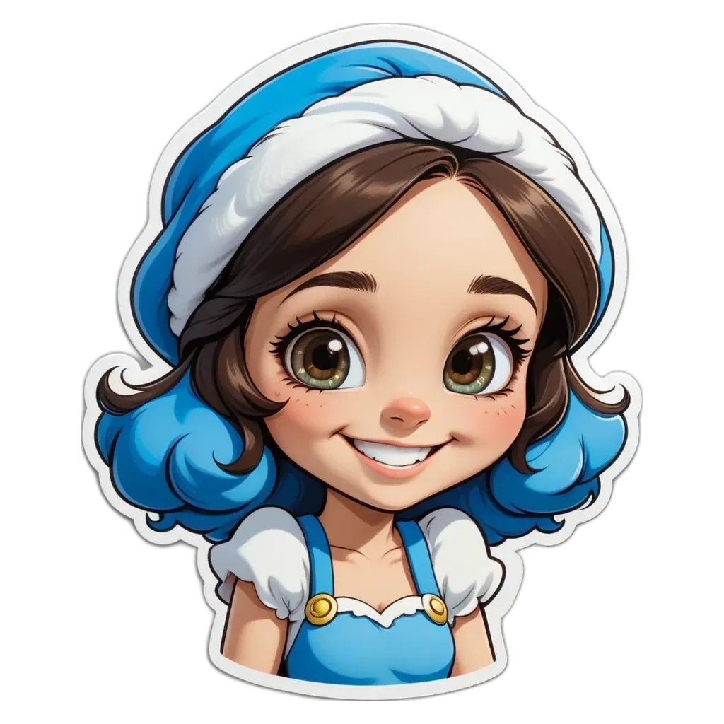 A girl with a blue dress is smiling.